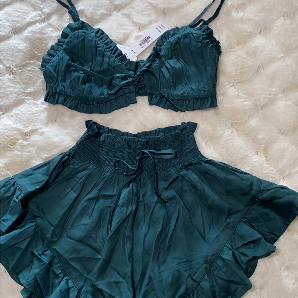 Teal Ruffled Crop Top and Skirt Set